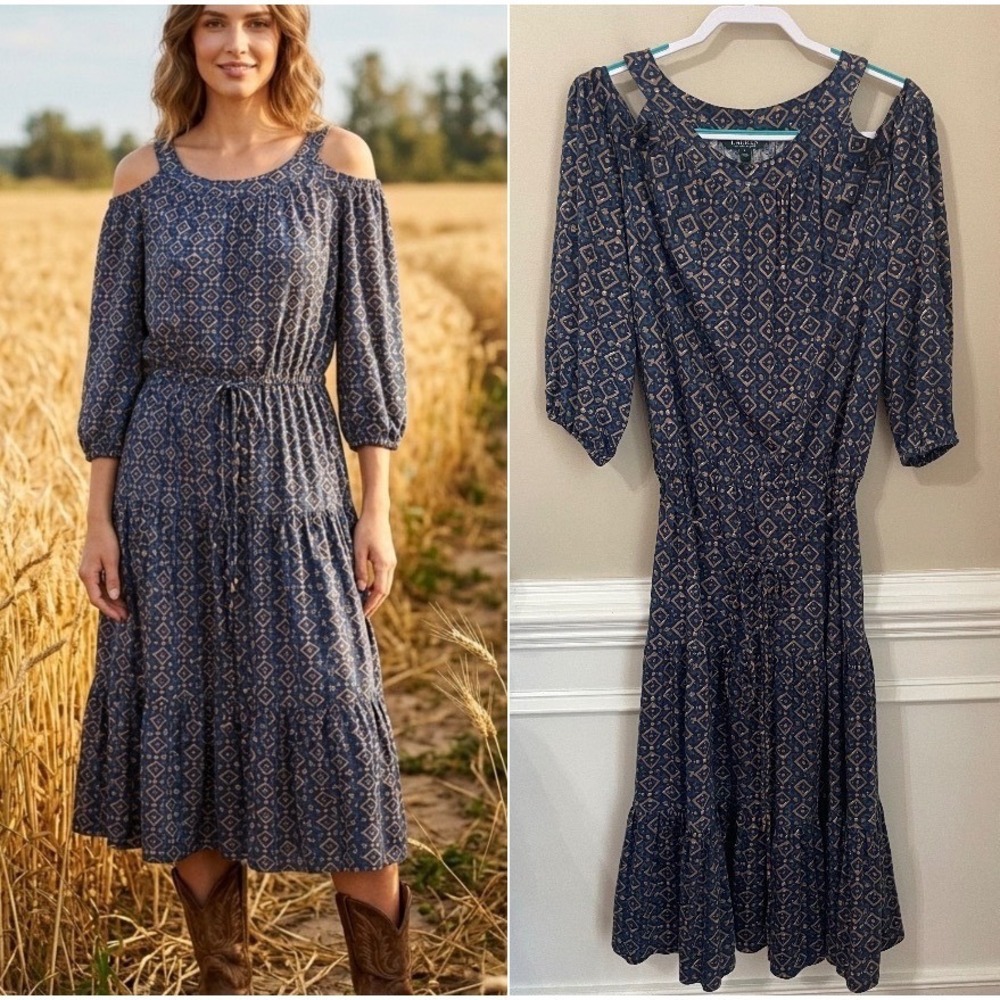 Lauren Ralph Lauren Size L Navy Geometric Boho Western Tiered Midi Dress